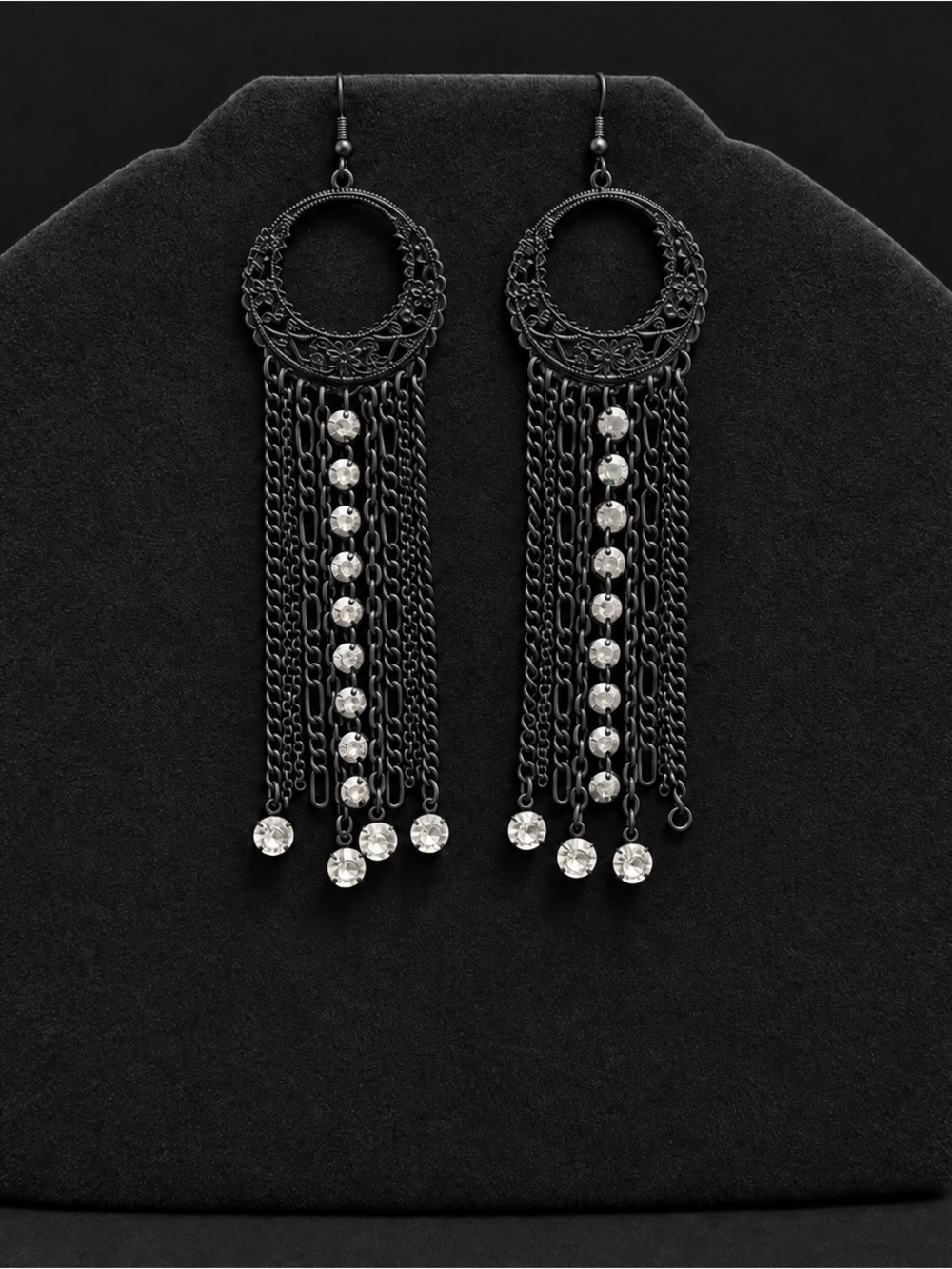 Gunmetal Filigree Chain Fringe Dangle Earrings